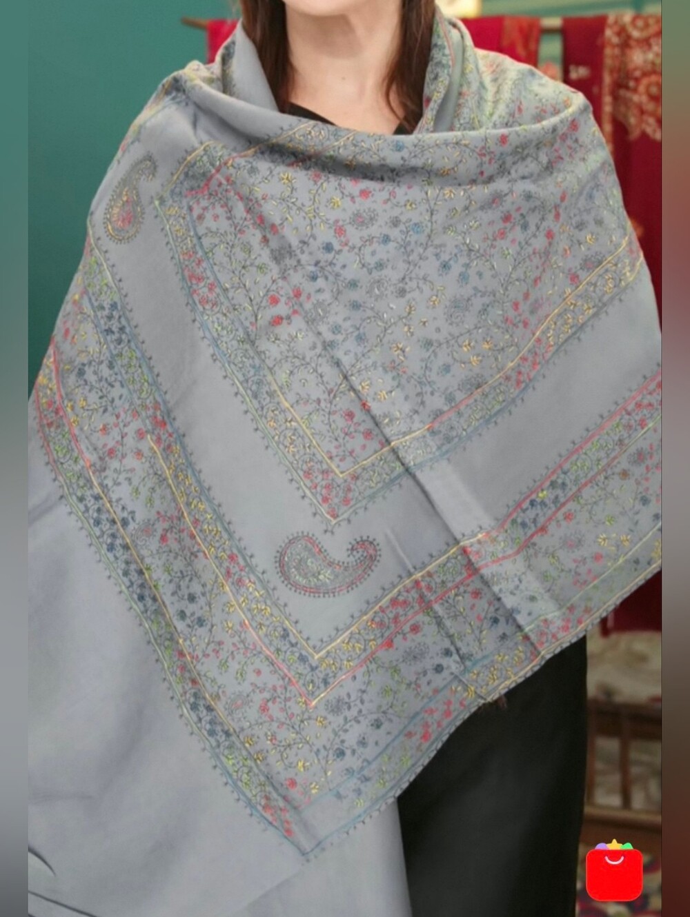 NWOT Women Hand Embroidered 100% Cashmere Shawl Wrap Scarf, Gray 2